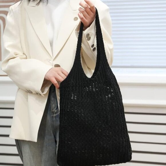 Crochet Shoulder Bag Handmade Lightweight Polyester Travel Tote for Women - Picture 6 of 8